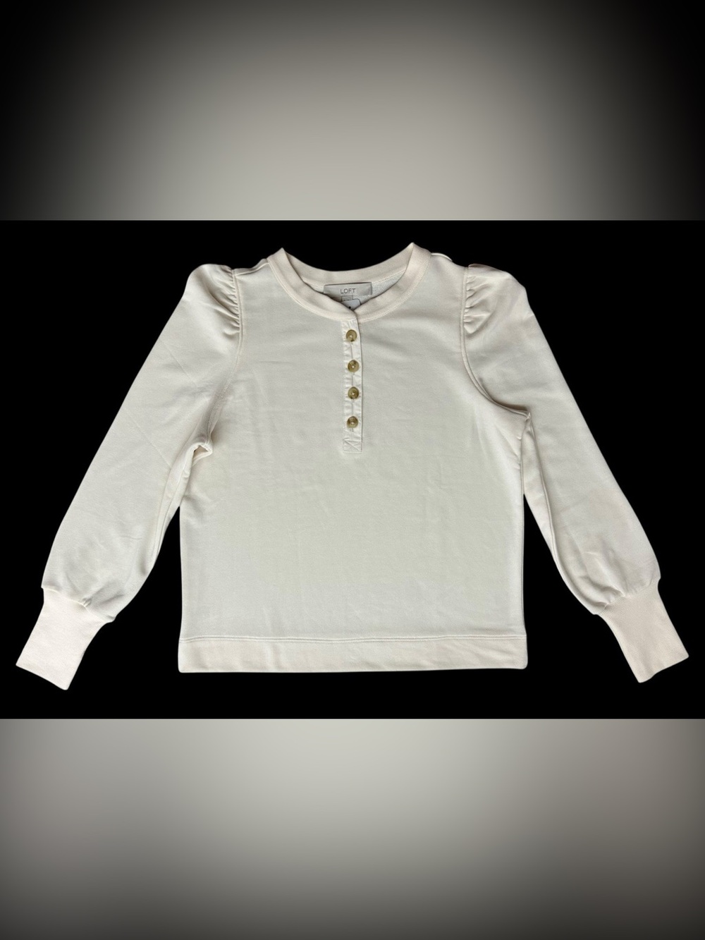 LOFT Women’s Puff Shoulder Cream Henley 3/4 Button Sweatshirt Top Sz Small NWT
